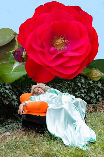 Foto: schlafende Prinzessin und darüber eine riesige rote Rose Foto: schlafende Prinzessin und darüber eine riesige rote Rose