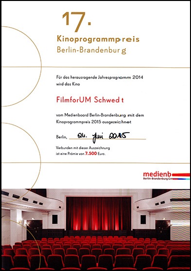 Foto: Urkunde Kinoprogrammpreis 2015 Foto: Urkunde Kinoprogrammpreis 2015