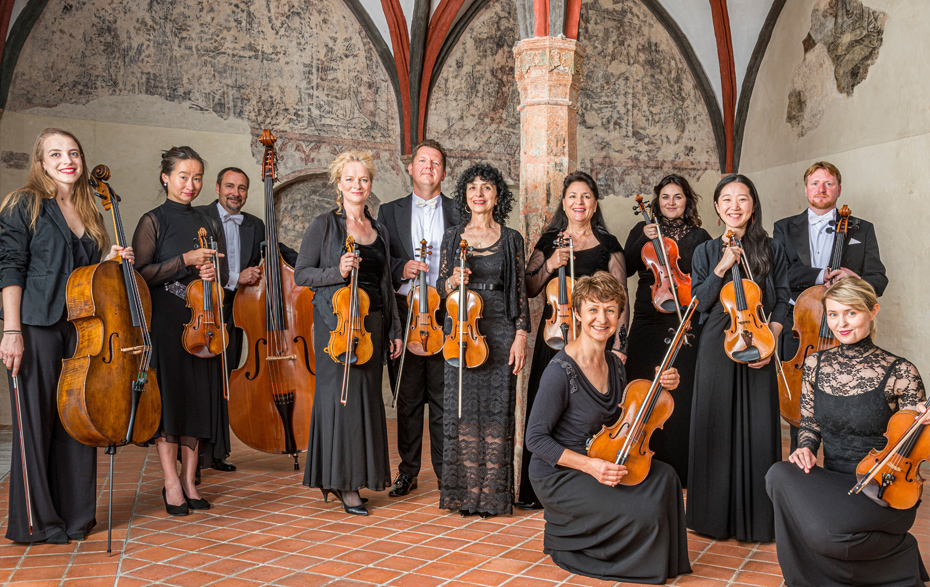Gruppenfoto: Musiker mit Streichinstrumenten in einem Raum mit Gewölbe Gruppenfoto: Musiker mit Streichinstrumenten in einem Raum mit Gewölbe