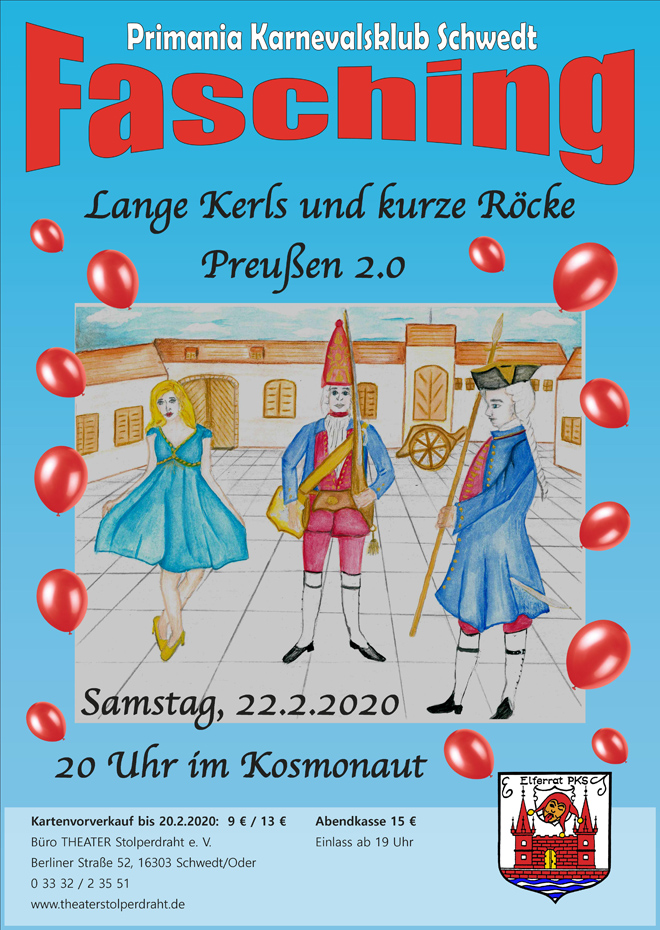 Plakat: Zeichnung einer Tänzerin und zweier Soldaten, Veranstaltungsdaten Plakat: Zeichnung einer Tänzerin und zweier Soldaten, Veranstaltungsdaten