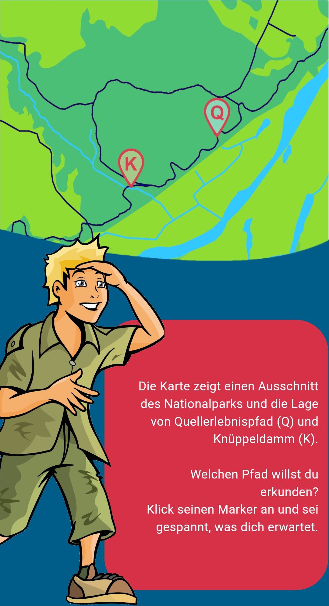 Grafik: Junior-Ranger vor einer Karte Grafik: Junior-Ranger vor einer Karte