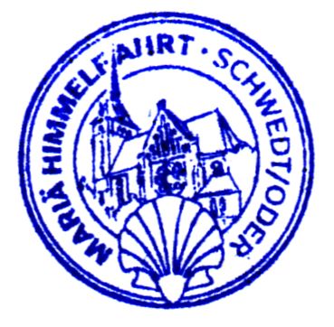 Grafik: blauer runder Stempelabdruck mit Jakobsmuschel, Kirche und Text Grafik: blauer runder Stempelabdruck mit Jakobsmuschel, Kirche und Text