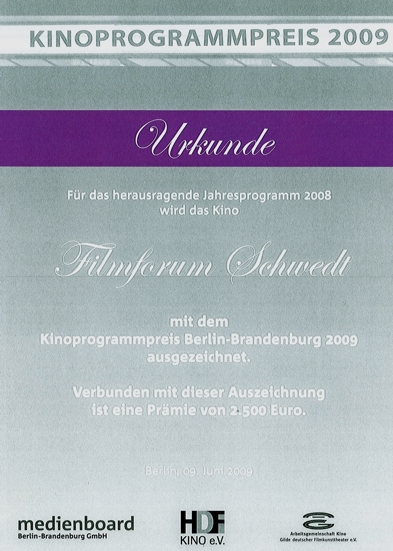 Urkunde Kinoprogrammpreis Urkunde Kinoprogrammpreis