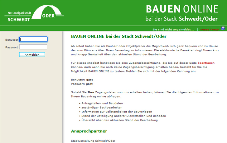 Abbildung: Die Anmeldemaske für BAUEN ONLINE.