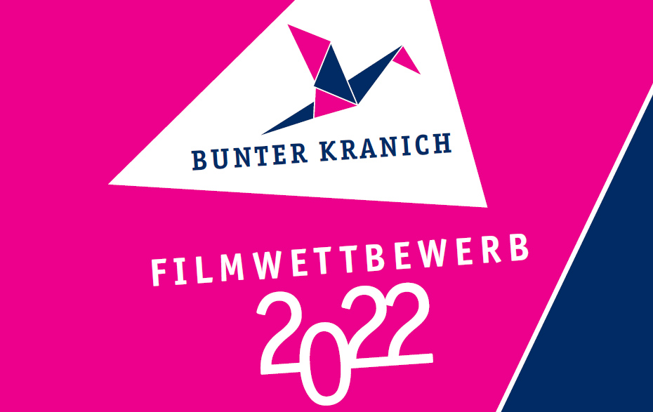 Grafik: Faltkranich und Text in Pink, Violett und Weiß Grafik: Faltkranich und Text in Pink, Violett und Weiß