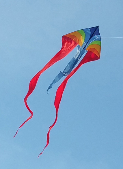 Foto: bunter Drachen vor blauem Himmel