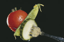 Foto: Tomate, Schote und Gurkenstück auf einer Gabel Foto: Tomate, Schote und Gurkenstück auf einer Gabel