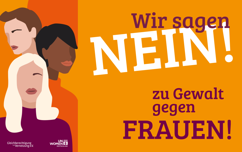 Grafik: Flagge, Text (Wir sagen NEIN zu Gewalt gegen Frauen) und Logos auf orangenem Grund Grafik: Flagge, Text (Wir sagen NEIN zu Gewalt gegen Frauen) und Logos auf orangenem Grund