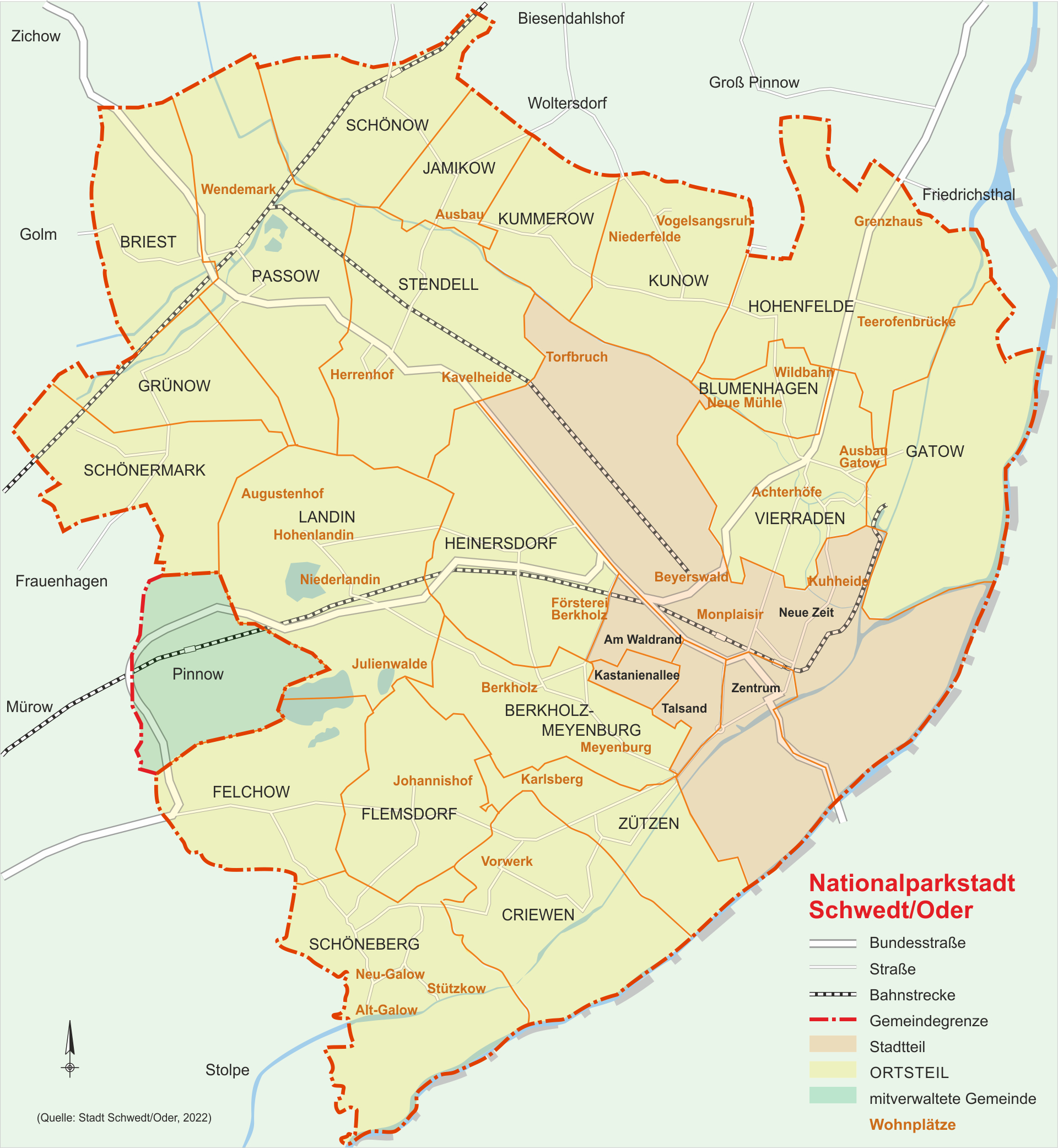 Karte: Gliederung der Stadt in Stadt- und Ortsteile