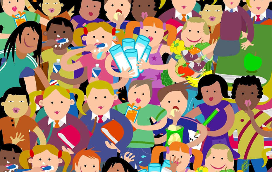 Grafik: Kinder mit Essen, Trinken, beim Zähneputzen, mit Buch, … Grafik: Kinder mit Essen, Trinken, beim Zähneputzen, mit Buch, …