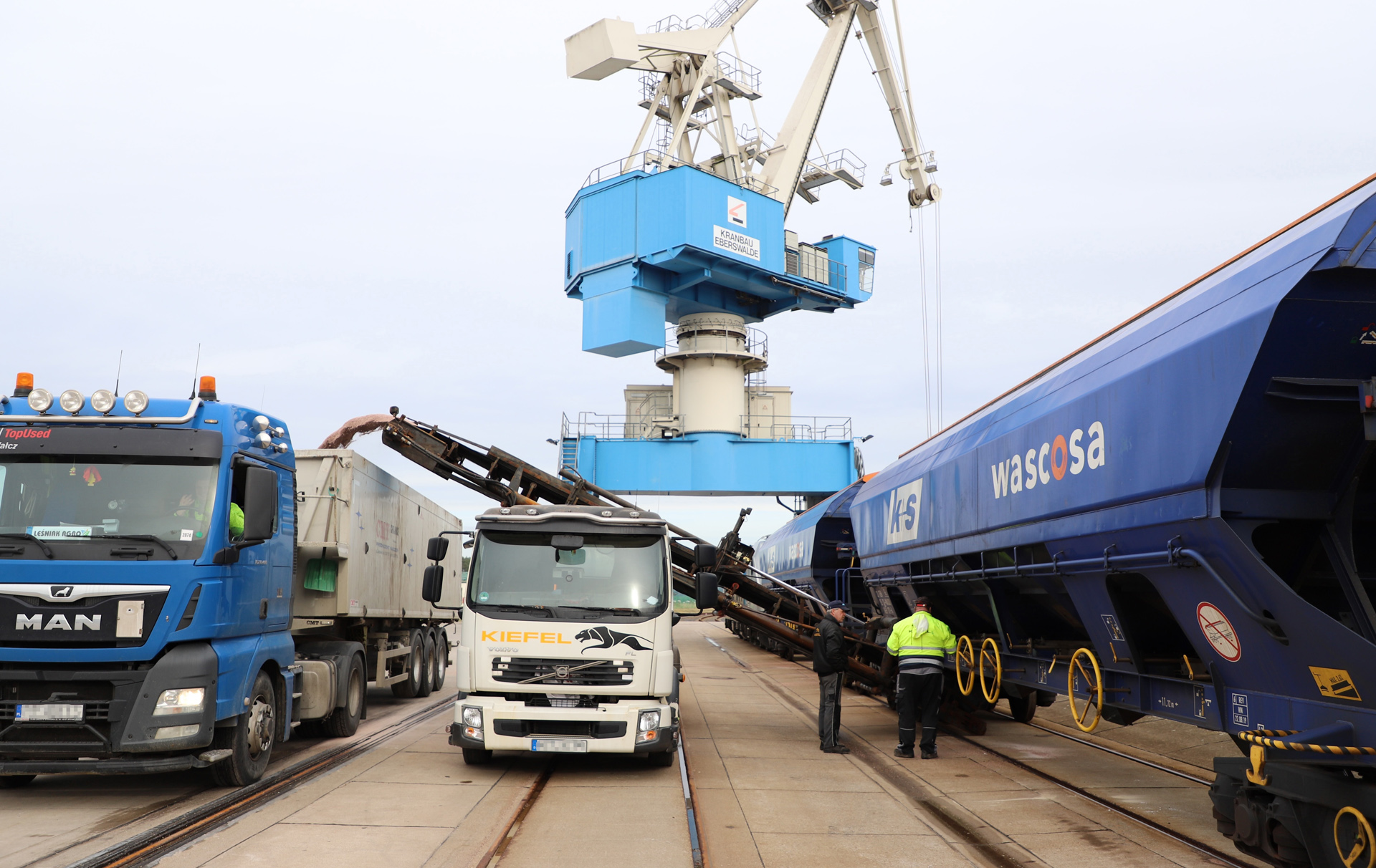 Foto: Verladung im Hafen mit Kran, LKW und Zug