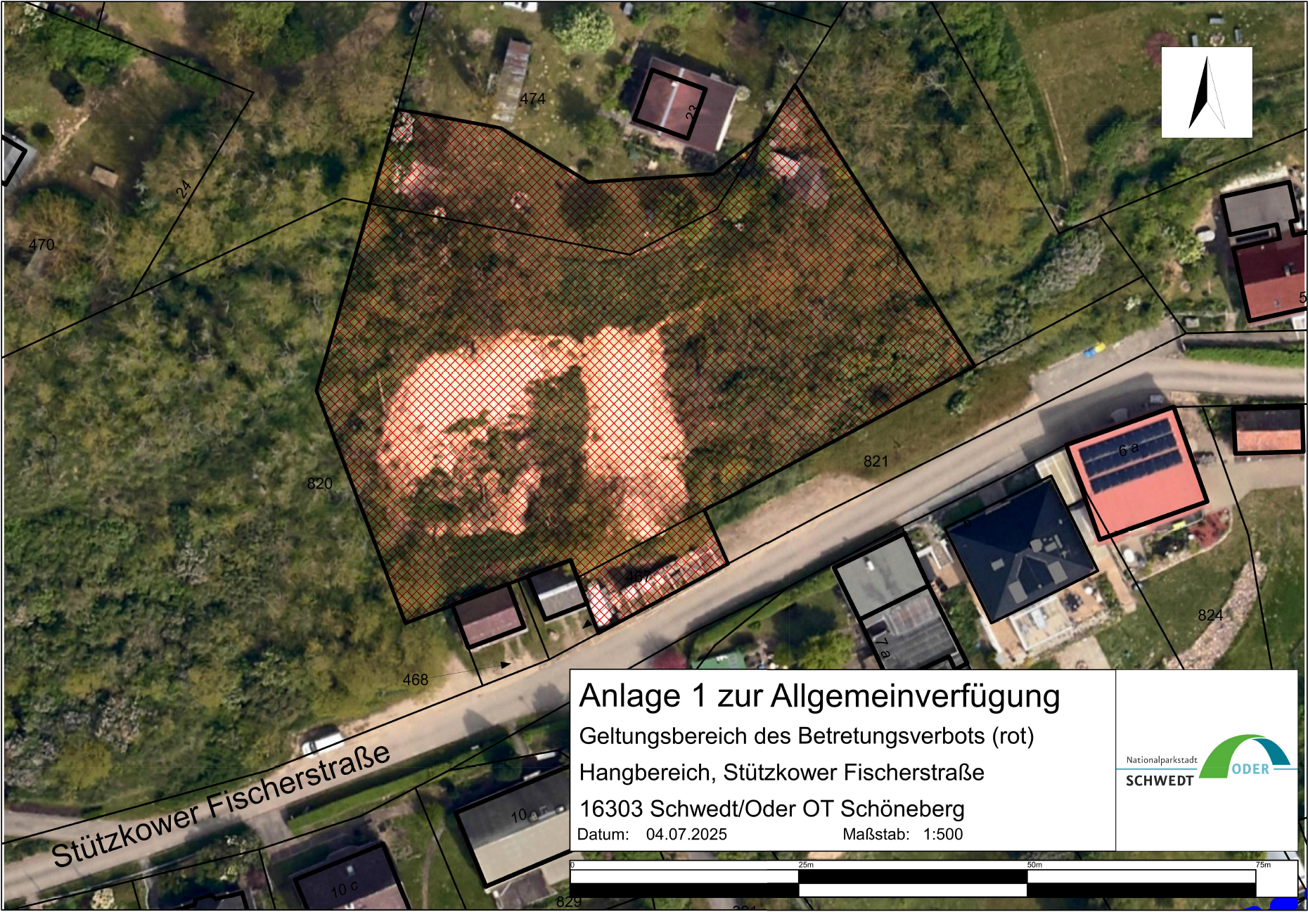 Luftbild mit roter Markierung des betroffenen Gebietes Luftbild mit roter Markierung des betroffenen Gebietes