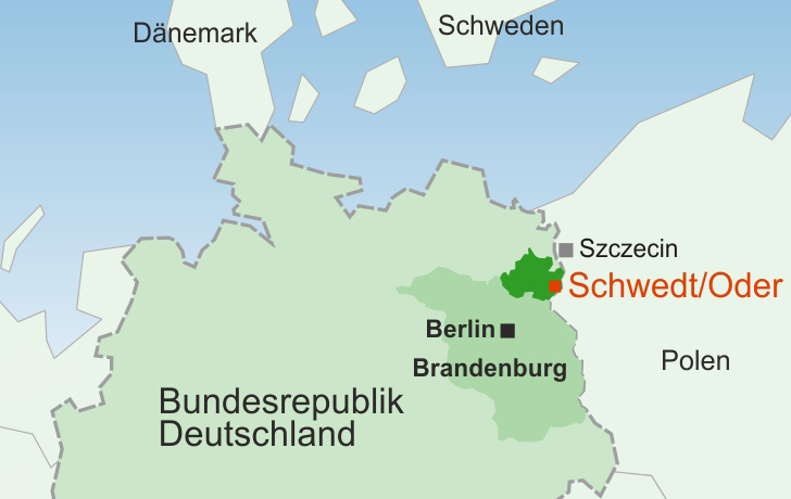 Karte: Lage der Stadt Schwedt/Oder zwischen Berlin und Stettin