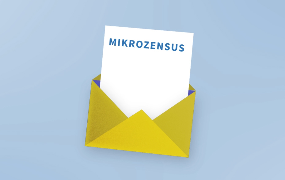 Grafik: gelber Brief auf blauem Grund mit weißem Zettel, auf dem der Begriff Mikrozensus steht. Grafik: gelber Brief auf blauem Grund mit weißem Zettel, auf dem der Begriff Mikrozensus steht.