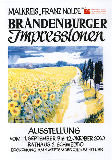 Plakat mit Sonnenblumenfeld und Weg entlang einer Straße Plakat mit Sonnenblumenfeld und Weg entlang einer Straße