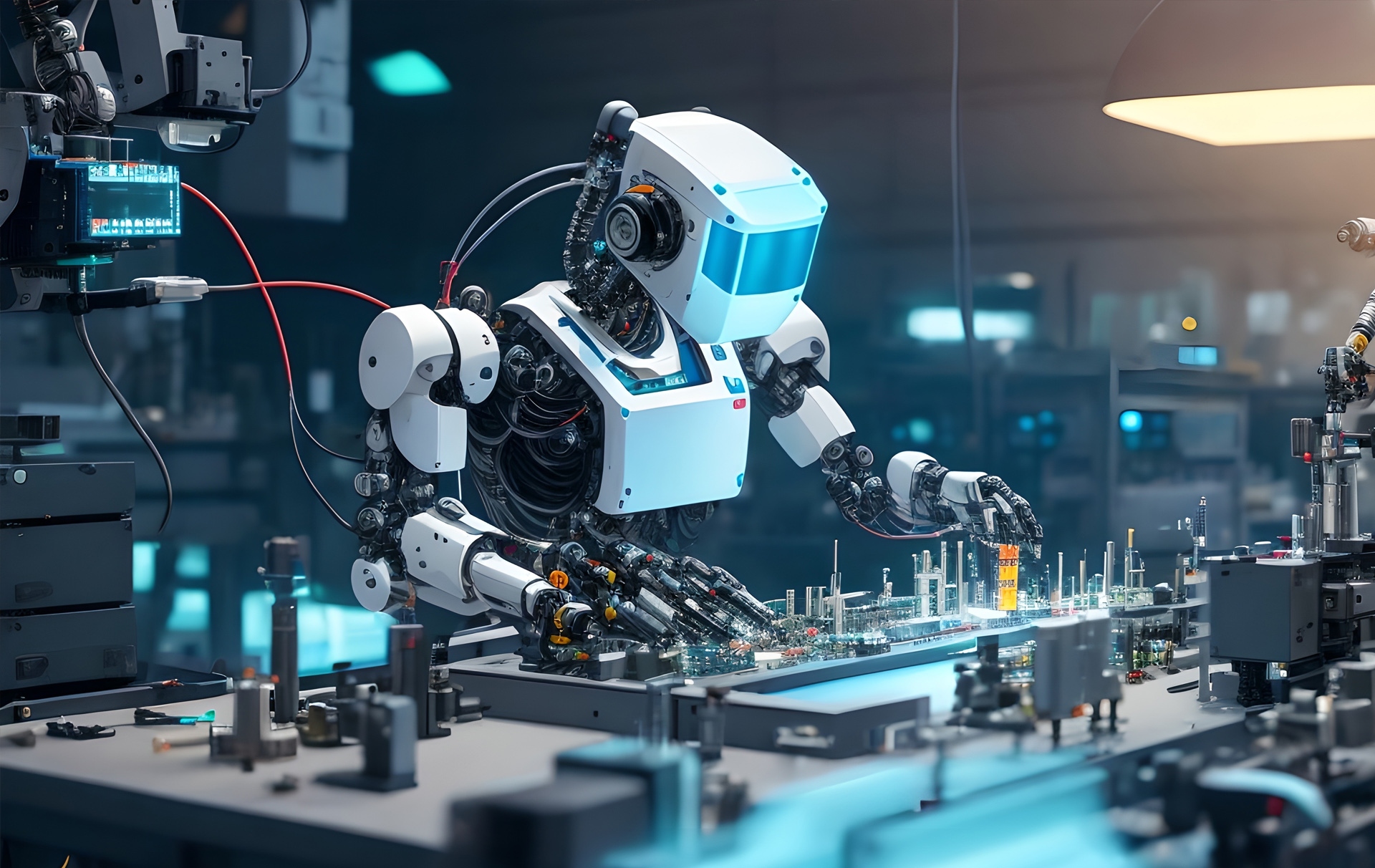 Grafik: Roboter arbeitet an einer Werkbank Grafik: Roboter arbeitet an einer Werkbank