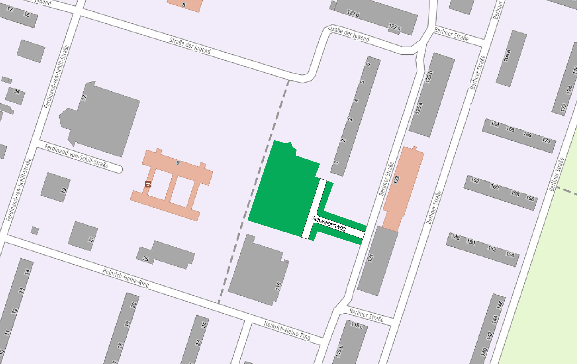 Karte mit grüner Markierung der Baufläche und der Darstellung der neuen Straße Karte mit grüner Markierung der Baufläche und der Darstellung der neuen Straße