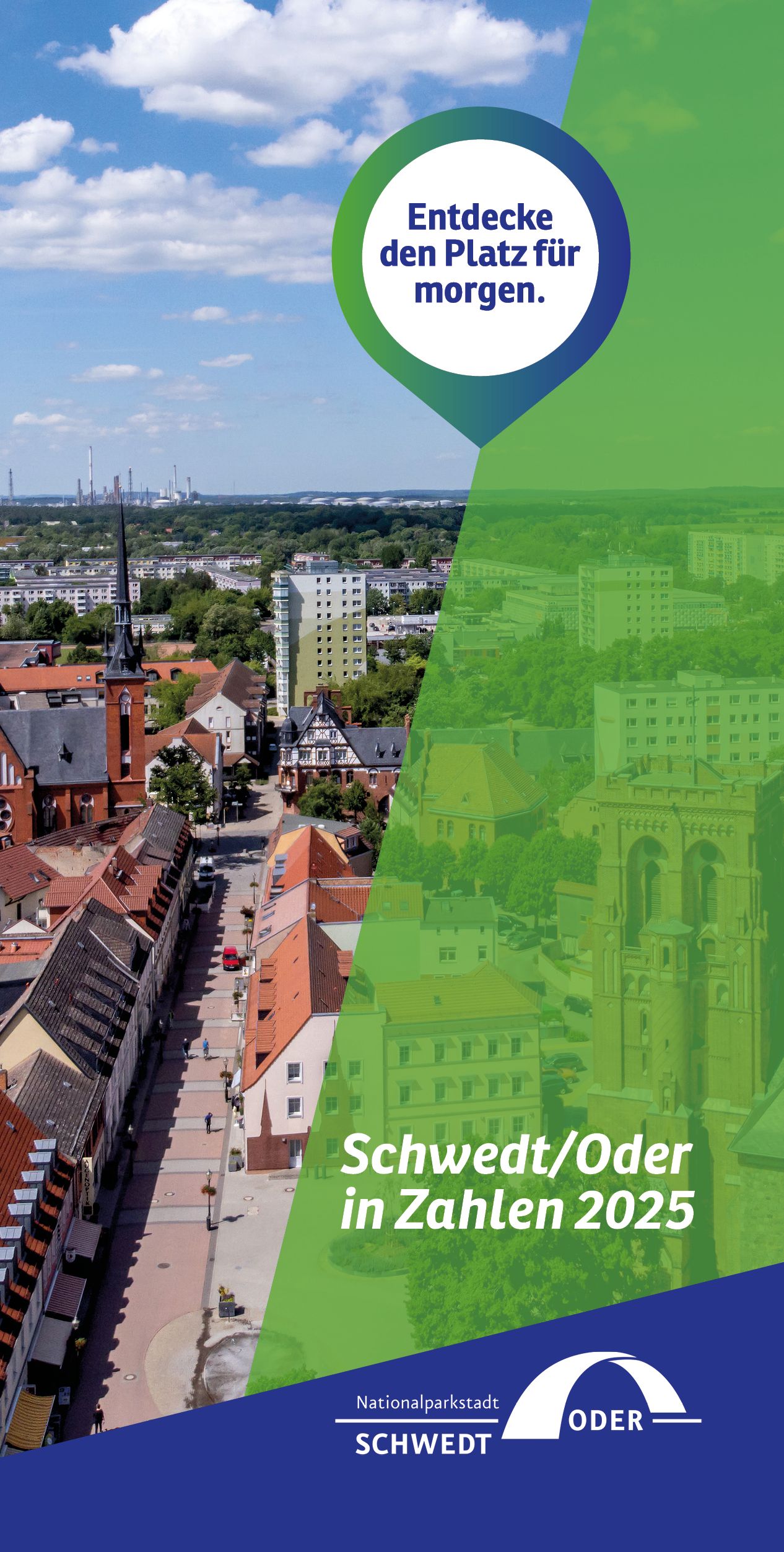 Deckblatt: Blick von oben in die Vierradener Straße und blaue und grüne Farbflächen mit dem Titel