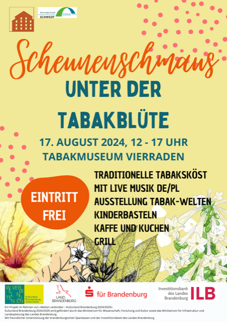 Bunter Plakat mit Textinformation und Tabakblüten in verschiedenen Farbern im unteren Bereich.
