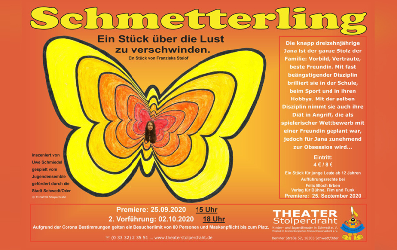 Grafik: gelb-oranger abstakter Schmetterling auf organgenem Grund mit Text und Logo Grafik: gelb-oranger abstakter Schmetterling auf organgenem Grund mit Text und Logo