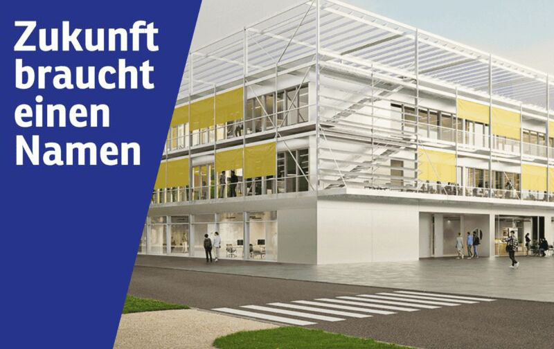 Grafik: Das Service- und Transformationsgebäude ist als Planungszeichnung zu sehen, mit Schriftbalken: Zukunft braucht einen Namen Grafik: Das Service- und Transformationsgebäude ist als Planungszeichnung zu sehen, mit Schriftbalken: Zukunft braucht einen Namen
