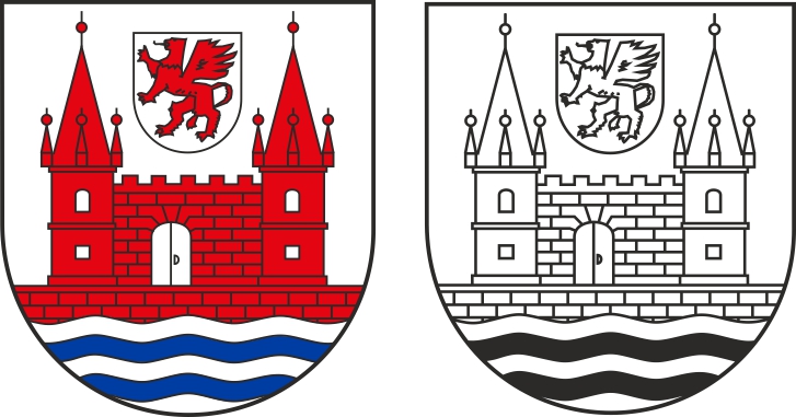 Abbildung: Wappen der Stadt Schwedt/Oder, farbig und schwarz-weiß