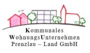  Logo mit schwarzer Schrift Kommunale Wohnungs Unternehmen Prenzlau-Land GmbH mit gemalten grünen Bäumen, rote Häuser und einer roten Kirche